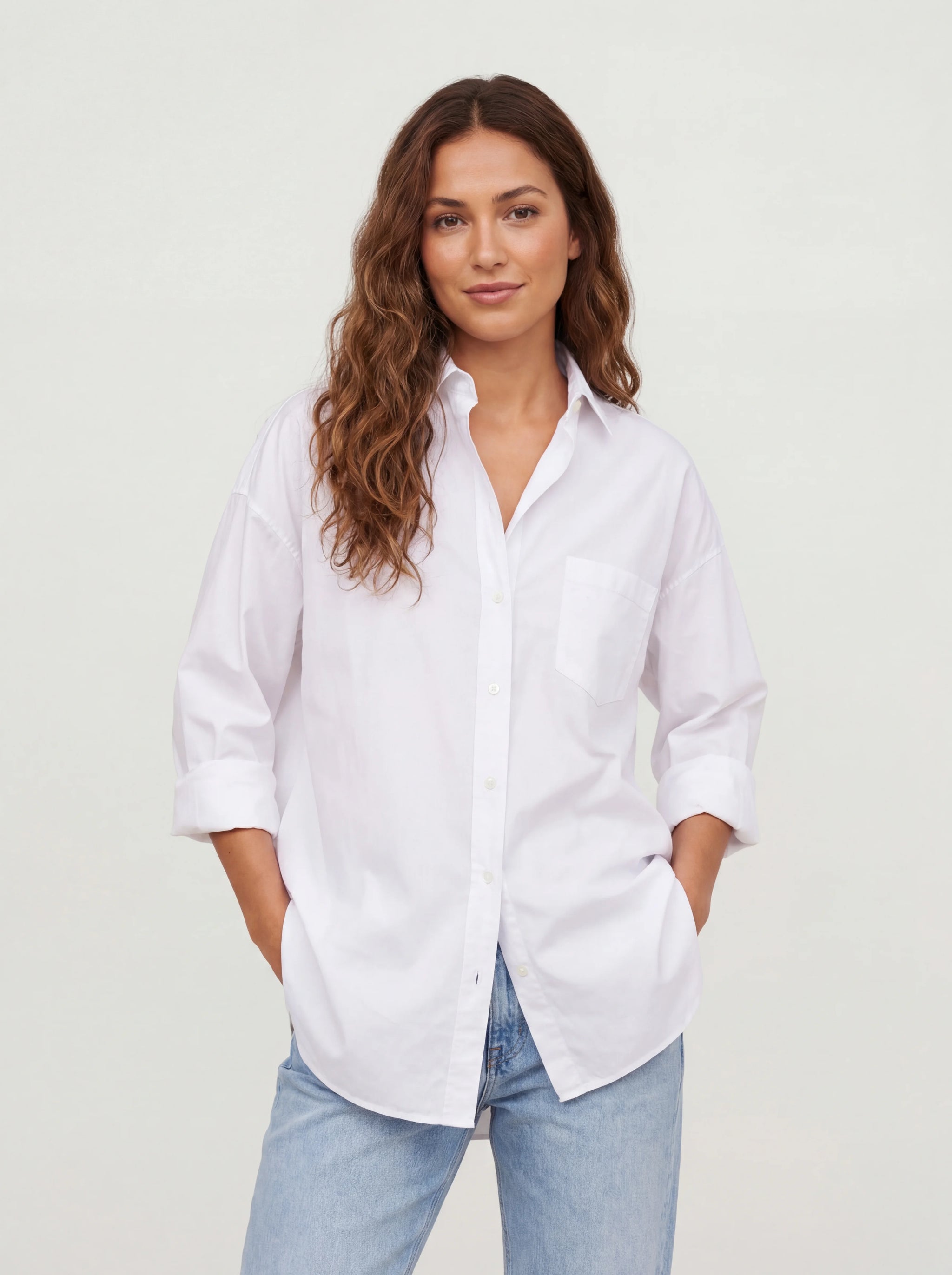 Oval Silhouette Longline Curved Hem Hip Covering Shirt