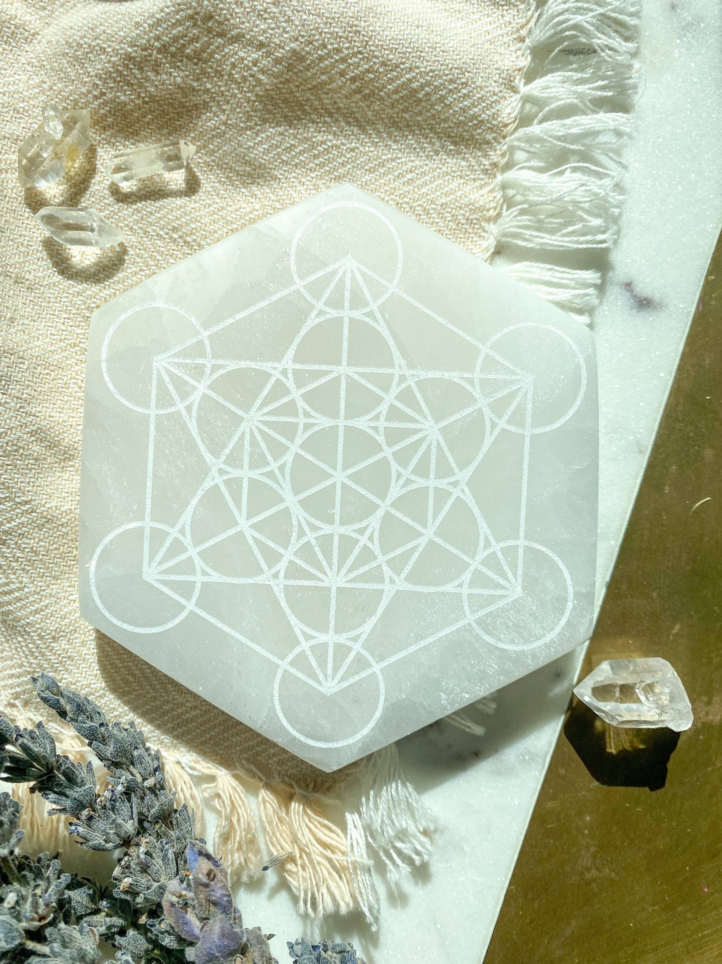 Metatron's Cube 4 inch Selenite Hexagon Crystal Charging Plate