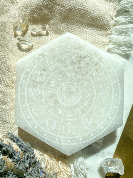 Zodiac Wheel 4 inch Selenite Hexagon Crystal Plate