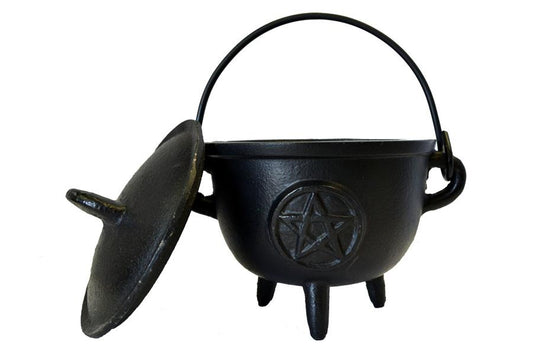 Pentacle Cast Iron Cauldron with Lid