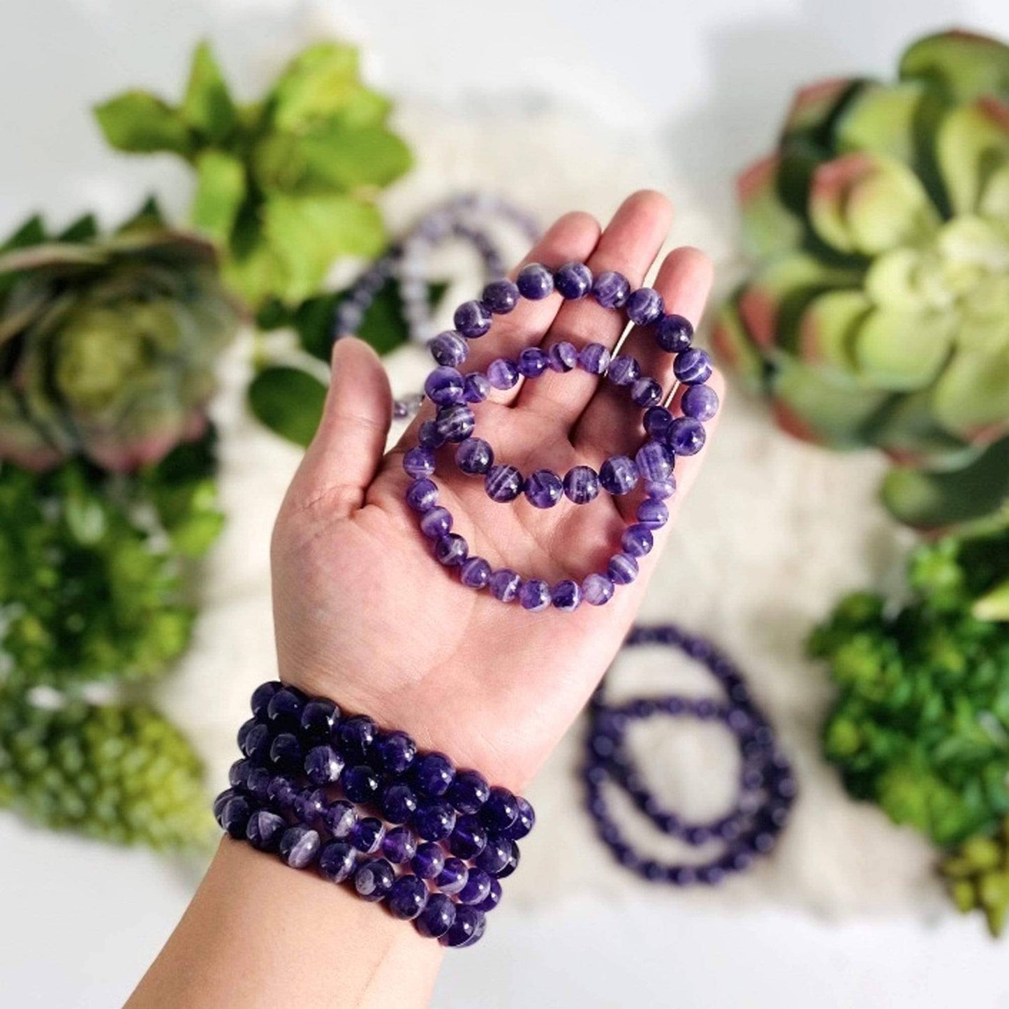 Chevron Amethyst Round Bead Bracelet