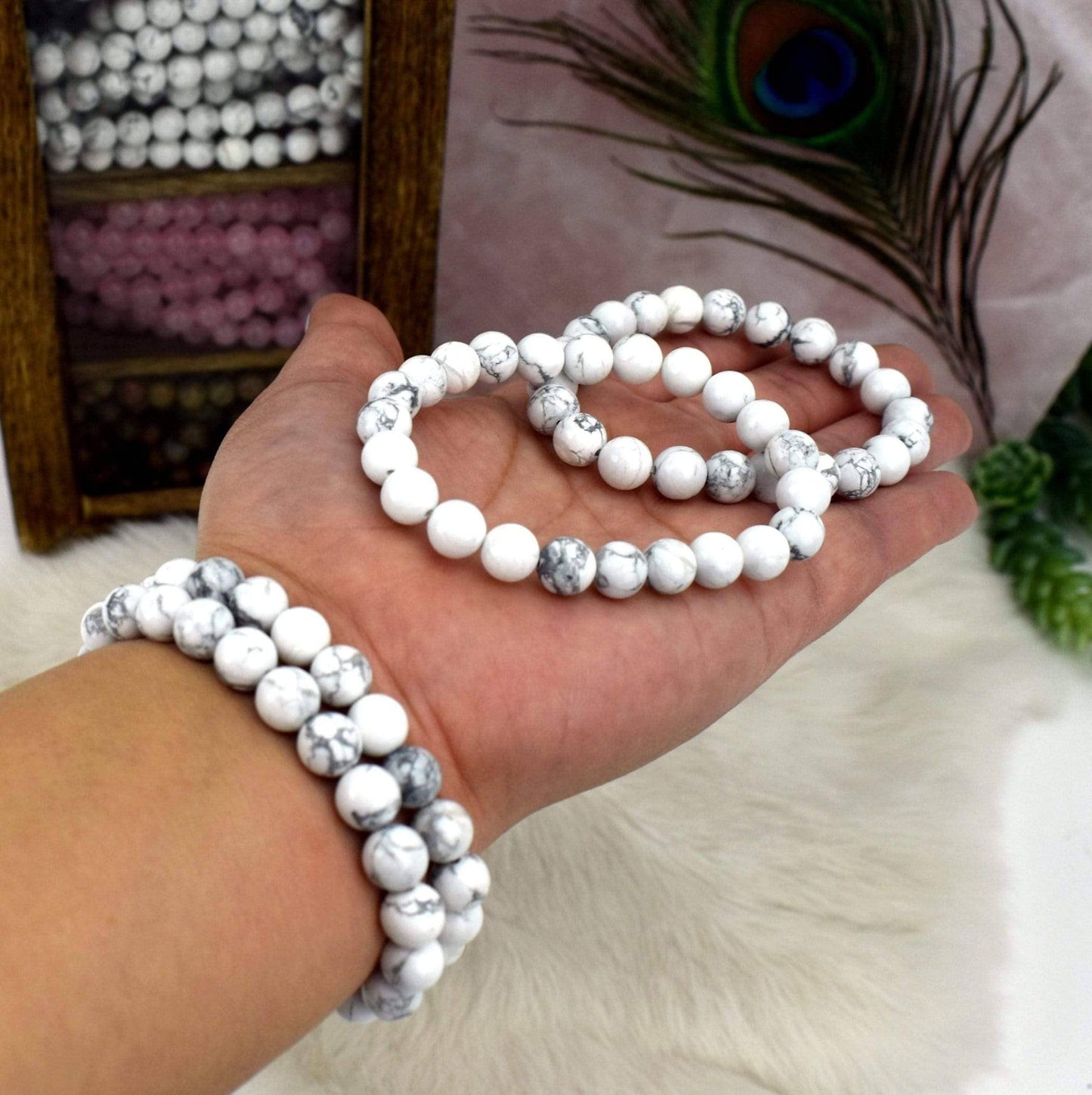 White Howlite Round Bead Bracelet